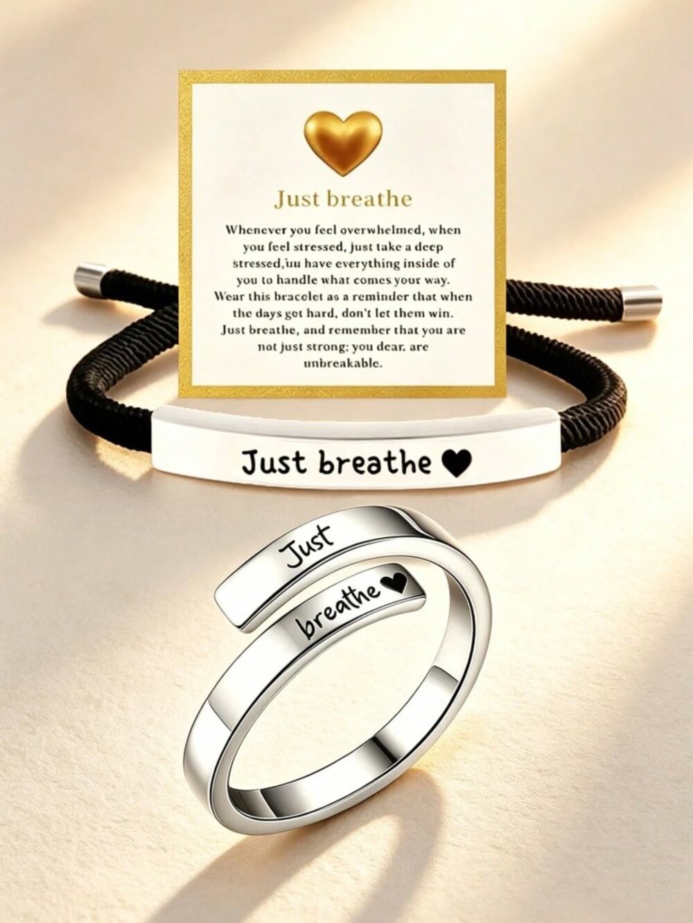 Just Breathe Bracelet & Ring Set, Inspirational Stress Relief Jewelry For Women